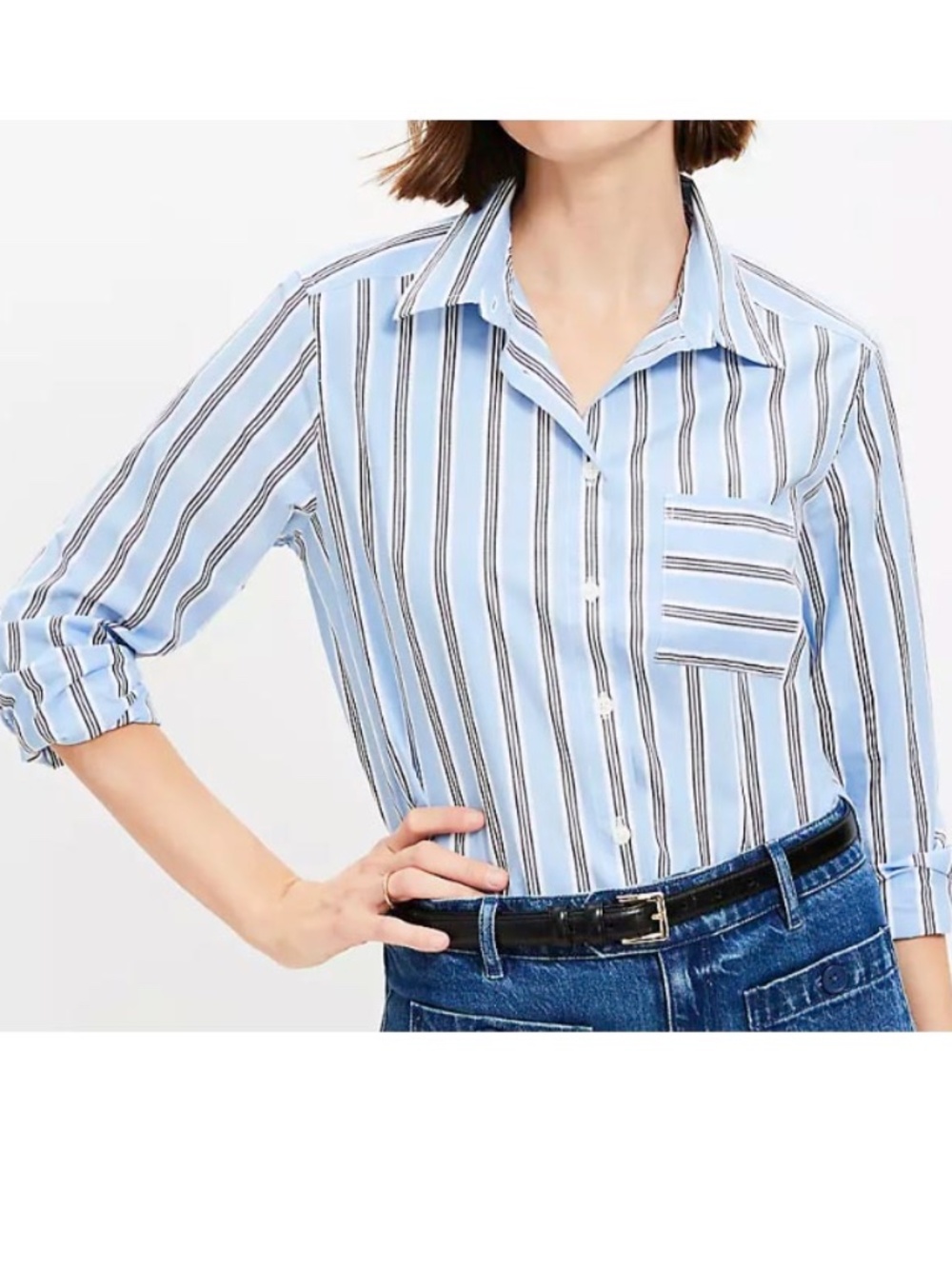 NWOT - LOFT Light Blue & White Striped Cotton Button-Front Shirt - Sz L